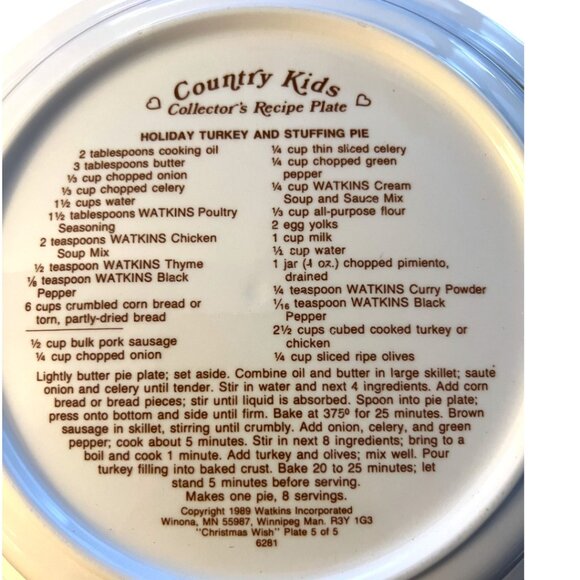 Vtg 1989 WATKINS Country Kids "Christmas Wish" Ceramic Recipe Pie Plate 10.75" D - Picture 14 of 14